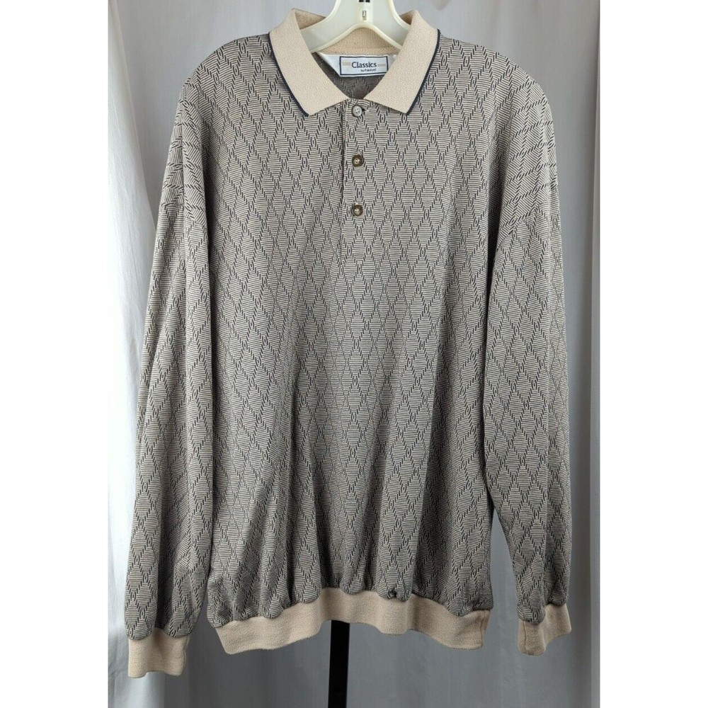 Classics By Palmland Vintage Polo Sweater Shirt Beige Gray Diamond 80s 90s L